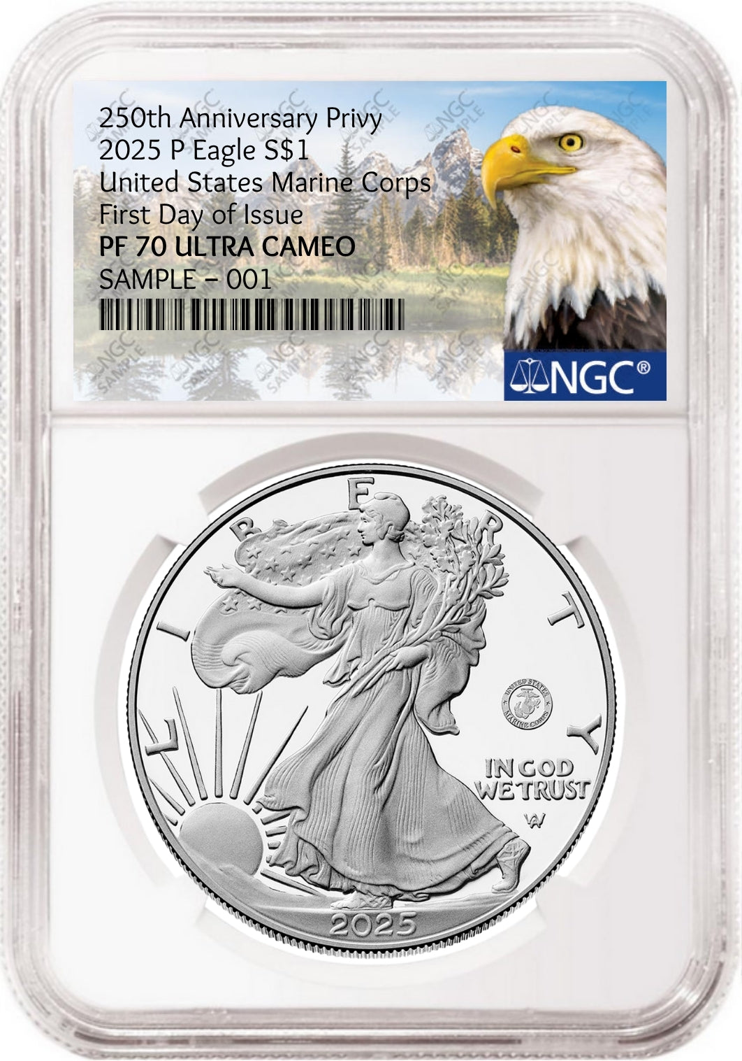 2025 P Silver Eagle Marine 250th Anniversary Privy NGC PF 70 First Day of Issue Mtn