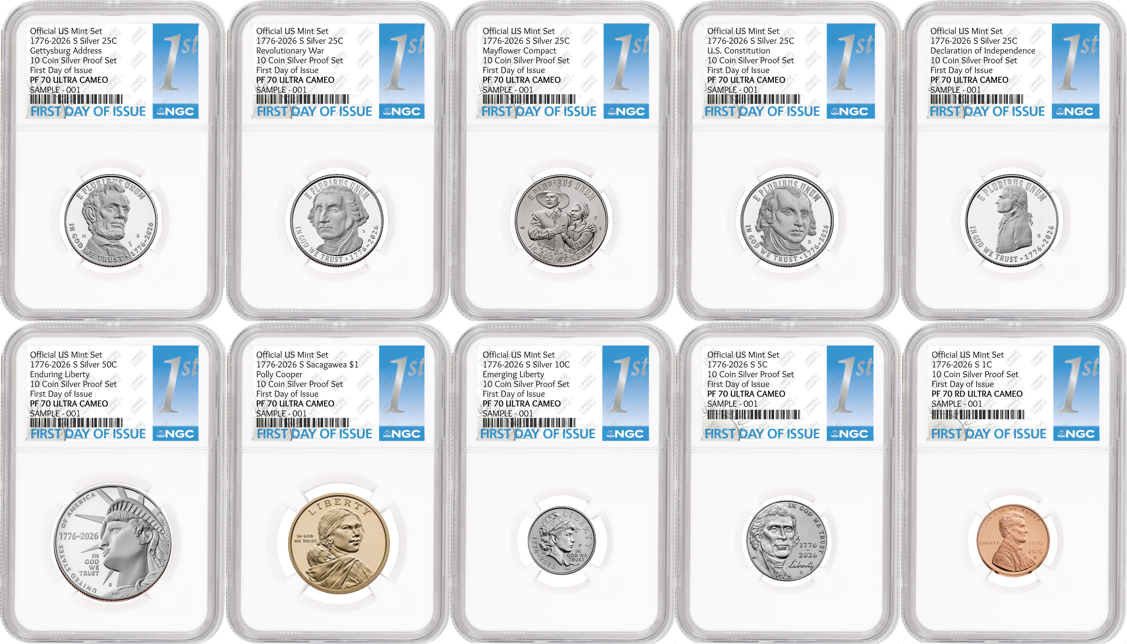 1776-2026 US Mint Complete 10 Coin Silver Proof Set, NGC PF70 FDOI, 1st Day Label