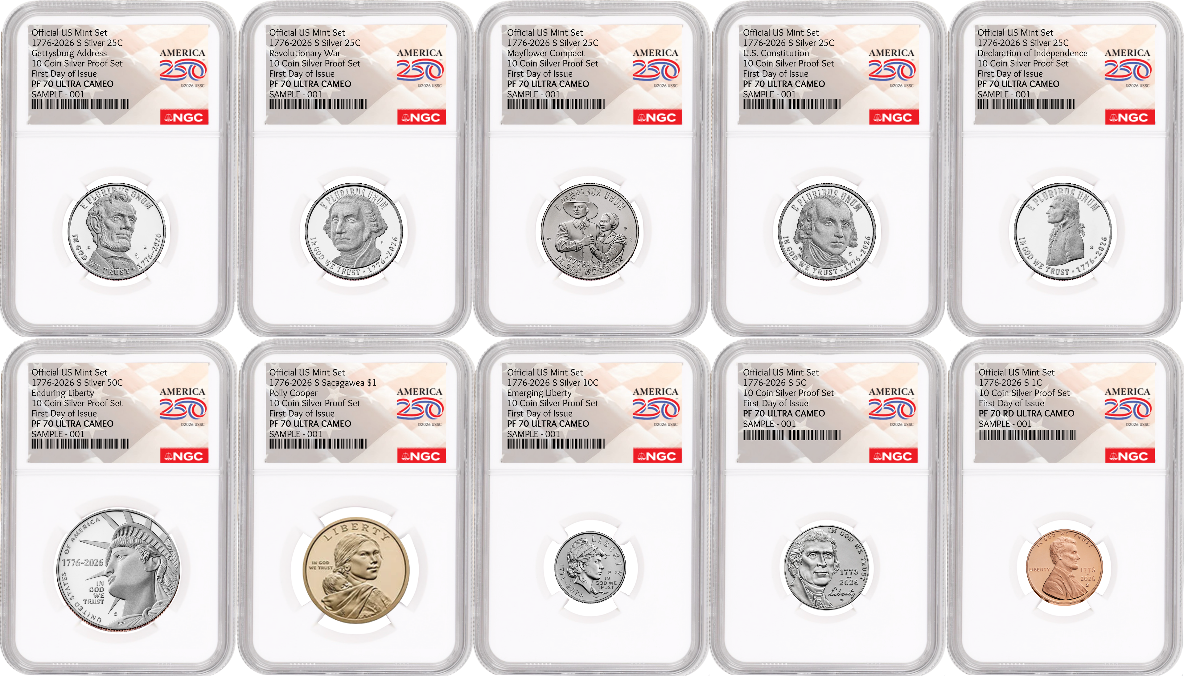 1776-2026 US Mint Complete 10 Coin Silver Proof Set, NGC PF70 FDOI, Flag