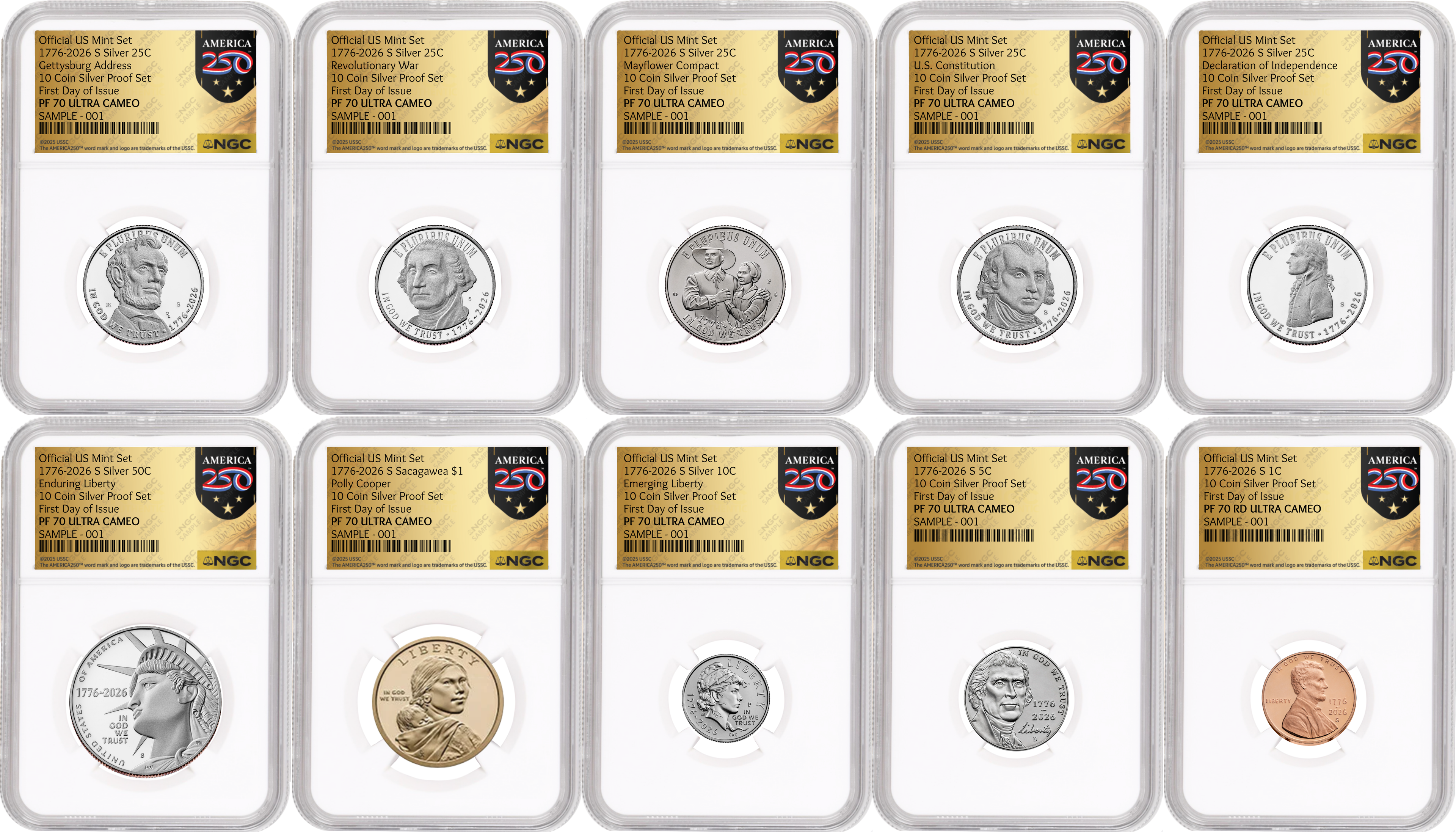 1776-2026 US Mint Complete 10 Coin Silver Proof Set, NGC PF70 FDOI, 250th Gold Label