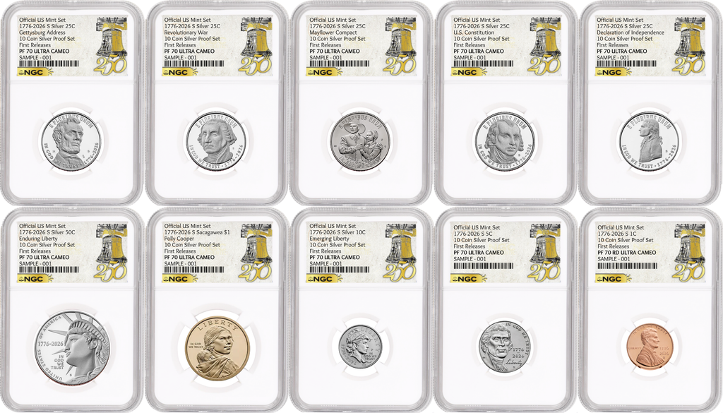 1776-2026 US Mint Complete 10 Coin Silver Proof Set, NGC PF70 First Releases, 250th Liberty Bell label