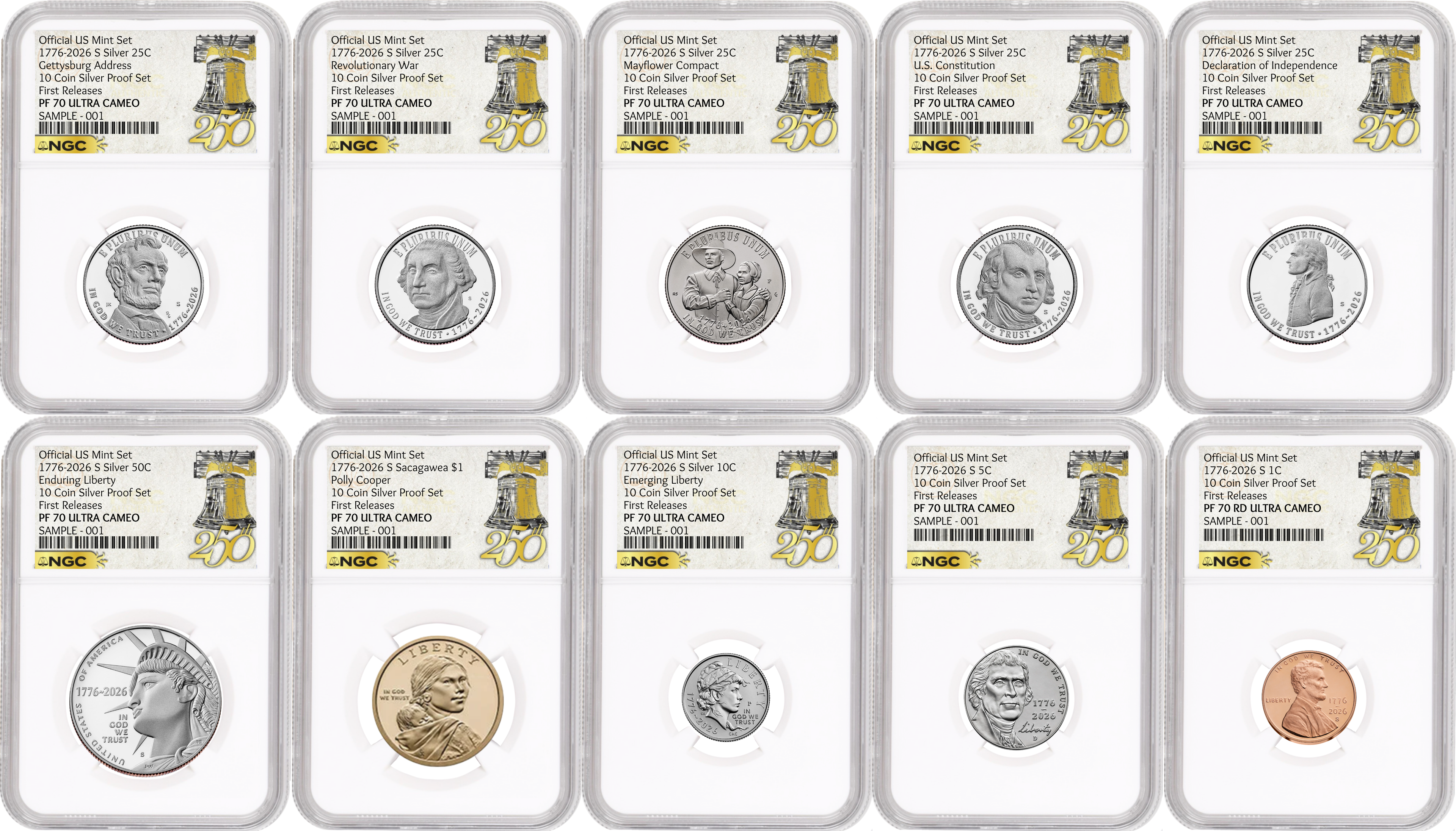 1776-2026 US Mint Complete 10 Coin Silver Proof Set, NGC PF70 First Releases, 250th Liberty Bell label