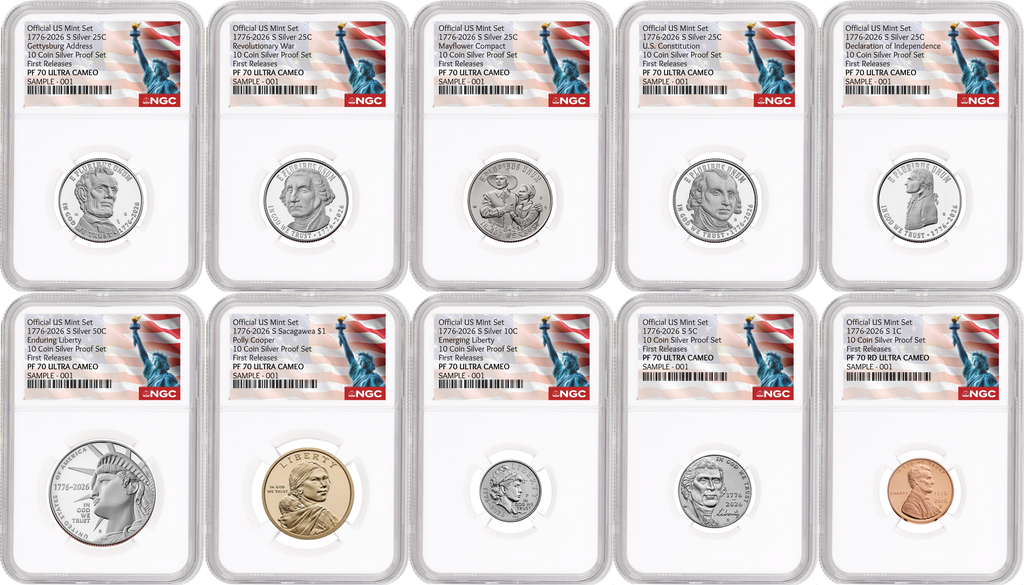 1776-2026 US Mint Complete 10 Coin Silver Proof Set, NGC PF70 First Releases, Statue of Liberty Label