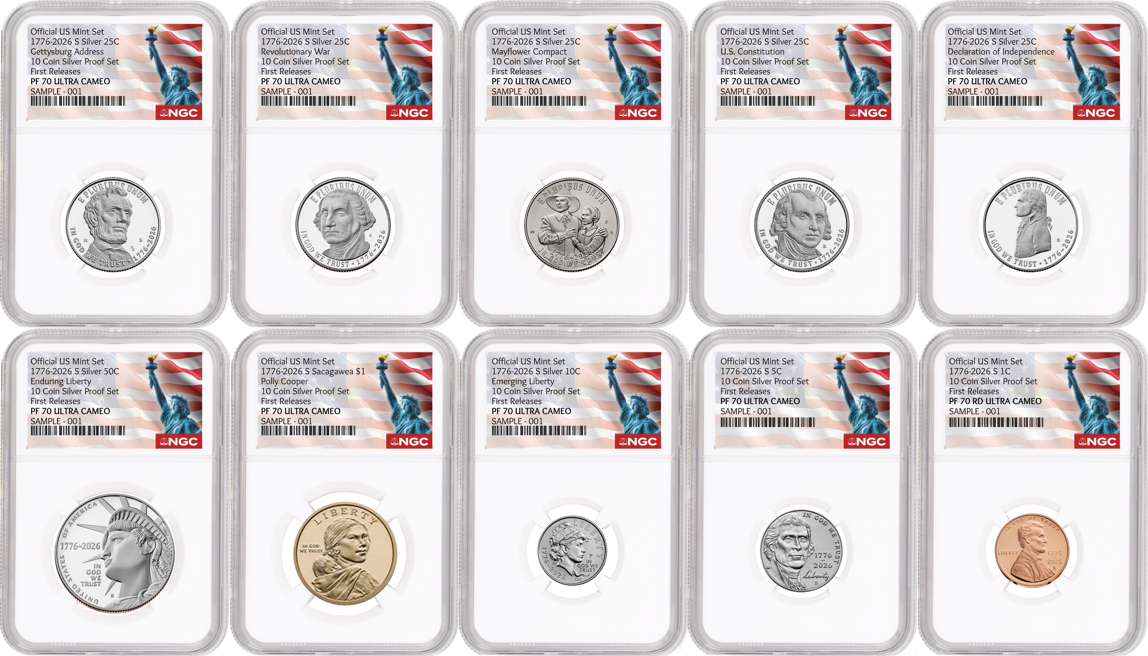 1776-2026 US Mint Complete 10 Coin Silver Proof Set, NGC PF70 First Releases, Statue of Liberty Label