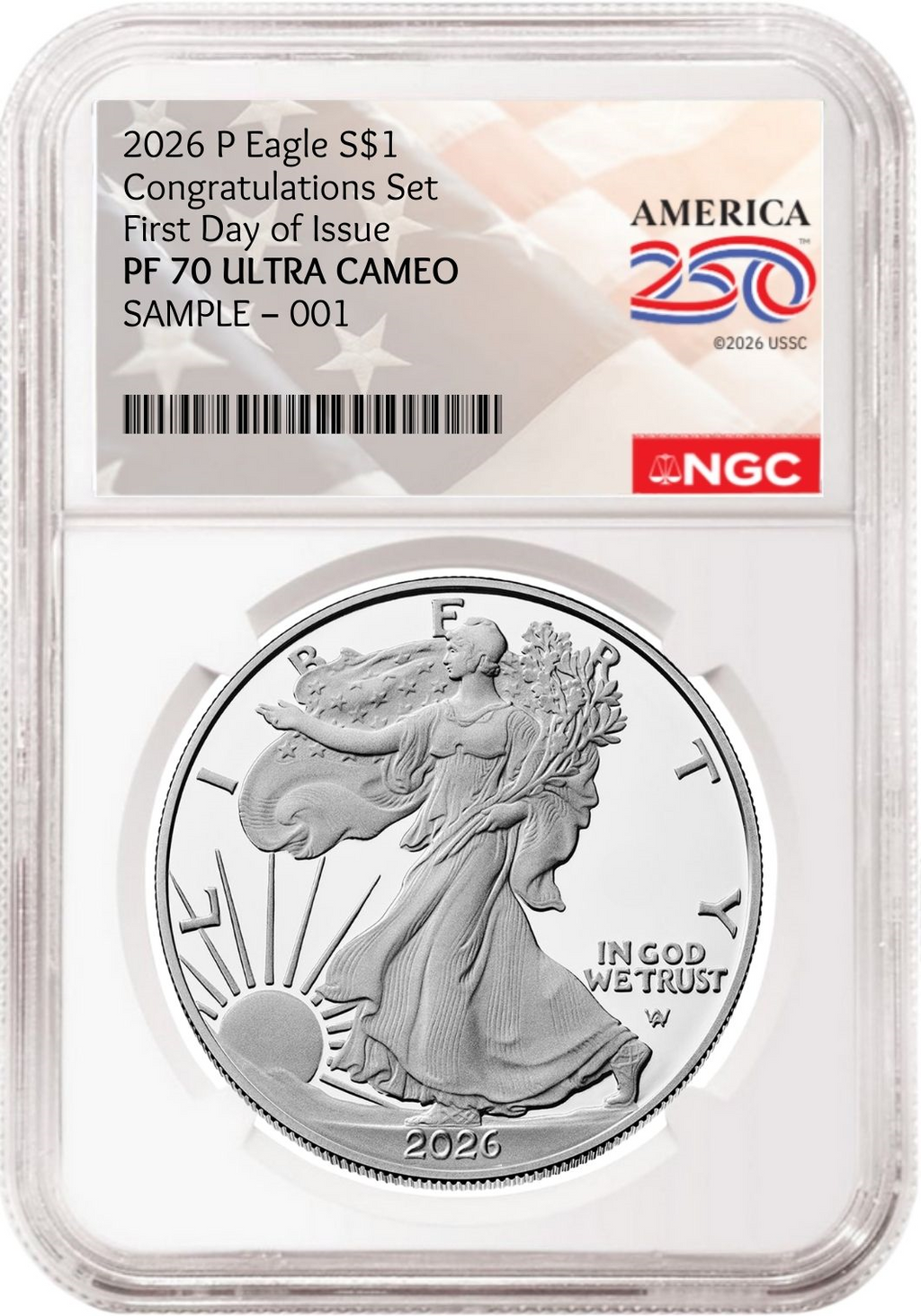 2026 P Congratulations Set Proof Silver Eagle NGC PF 70, First Day of Issue 250 Flag