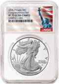 Silver coin in a protective holder with NGC label and American flag background