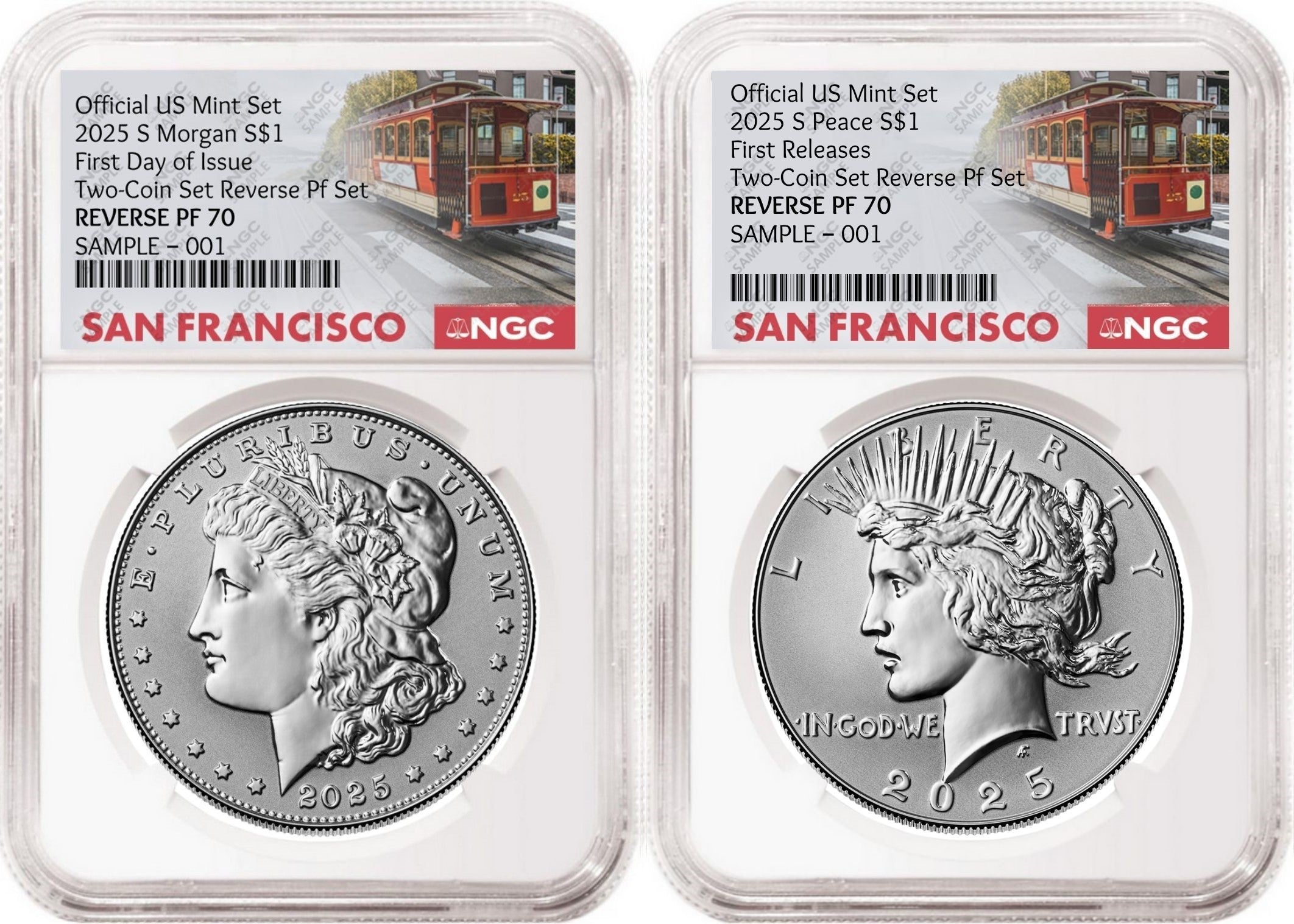 2 Coin Set 2025 Morgan and Peace Reverse Proof Silver Dollars NGC RP 70 First Day of Issue and First Releases SF