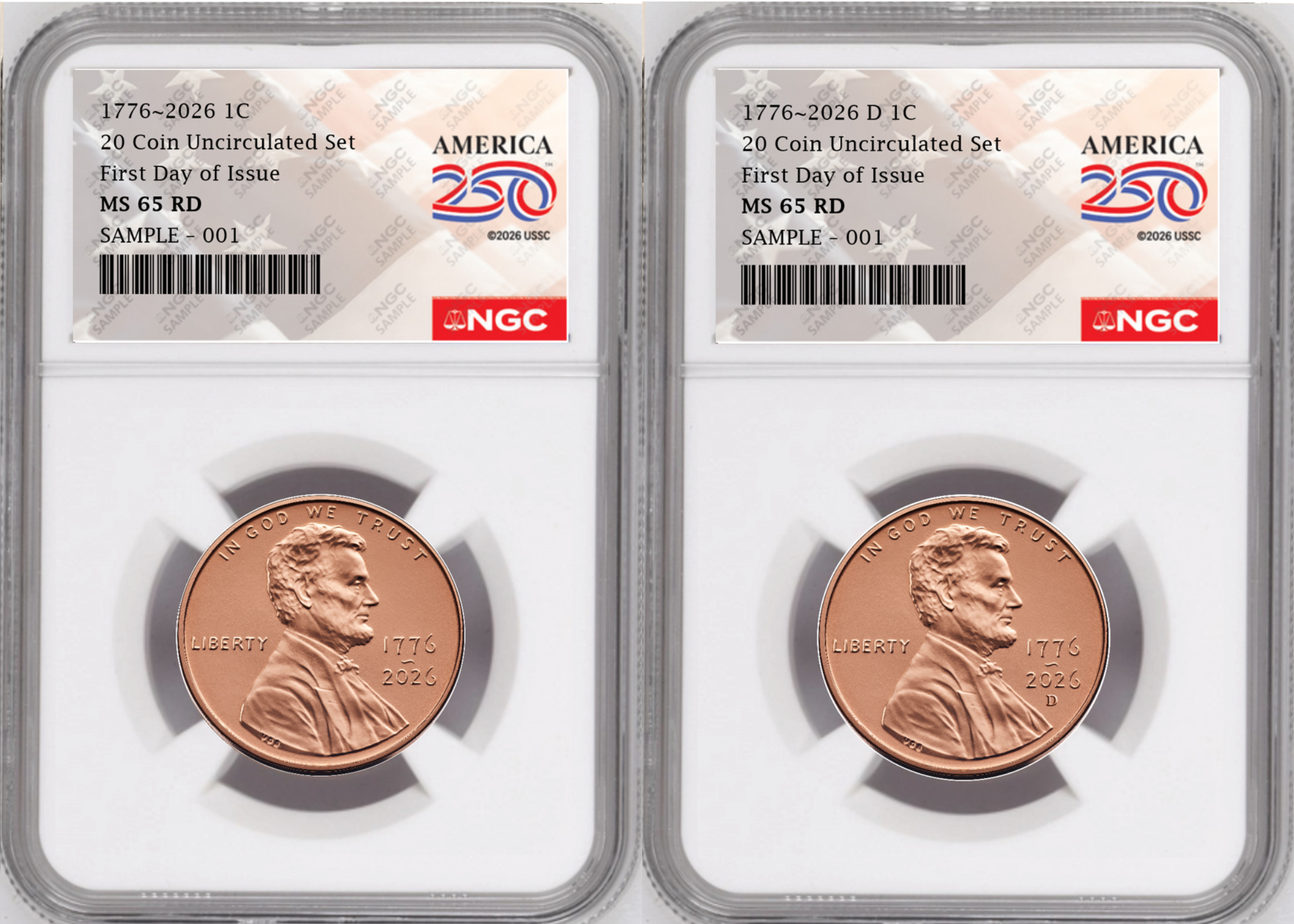 2 Coin set, 1776-2026 P & D Lincoln Cent , NGC MS 65 RD First Day of Issue, 250 Flag