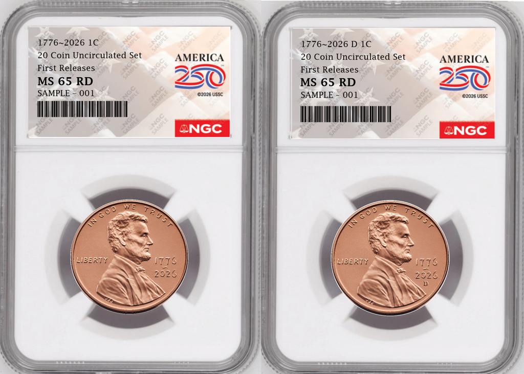 2 Coin set, 1776-2026 P & D Lincoln Cent , NGC MS 65 RD First Releases, 250 Flag