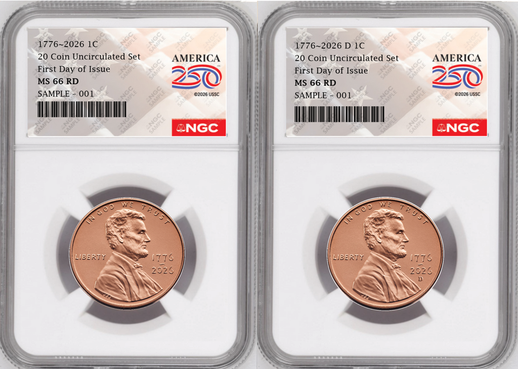 2 Coin set, 1776-2026 P & D Lincoln Cent , NGC MS 66 RD First Day of Issue, 250 Flag