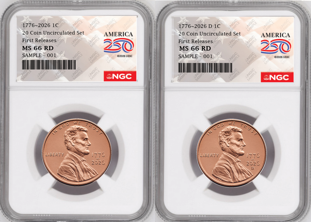 2 Coin set, 1776-2026 P & D Lincoln Cent , NGC MS 66 RD First Releases, 250 Flag