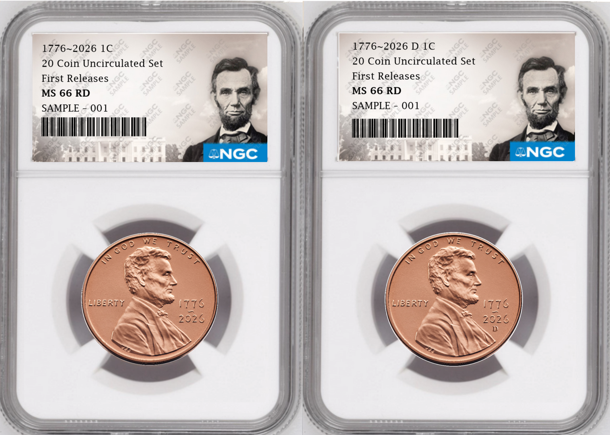 2 Coin set, 1776-2026 P & D Lincoln Cent , NGC MS 66 RD First Releases, Lincoln Label