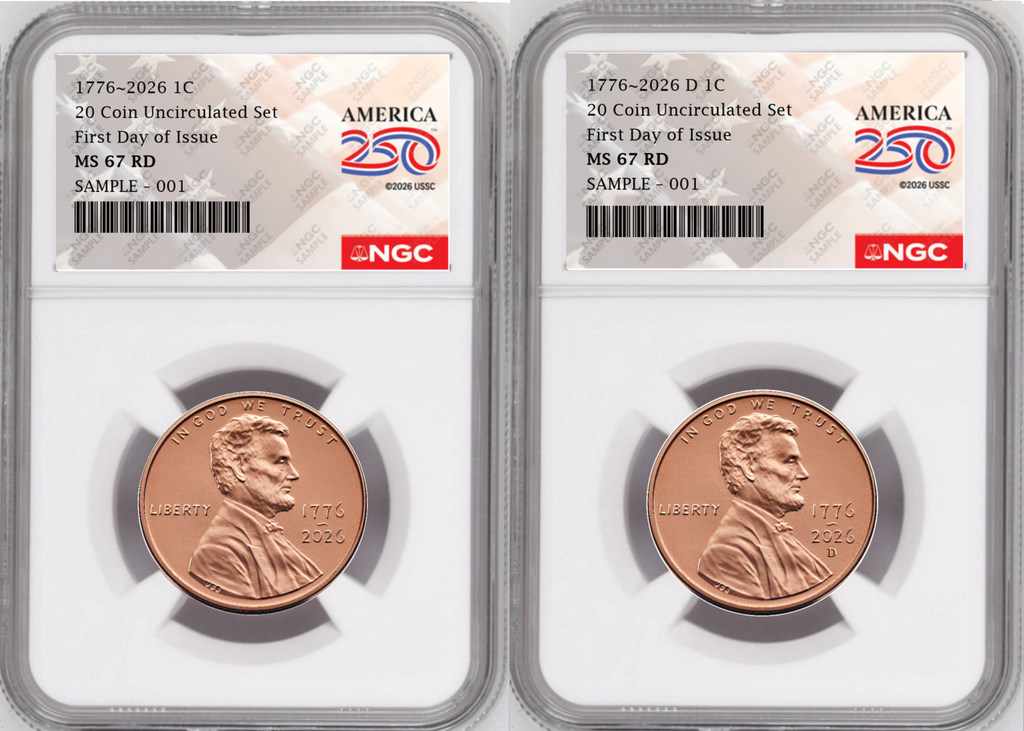 2 Coin set, 1776-2026 P & D Lincoln Cent , NGC MS 67 RD First Day of Issue, 250 Flag