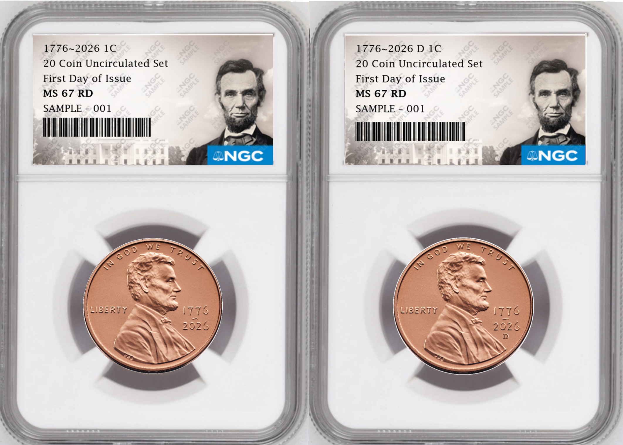 2 Coin set, 1776-2026 P & D Lincoln Cent , NGC MS 67 RD First Day of Issue, Lincoln Label