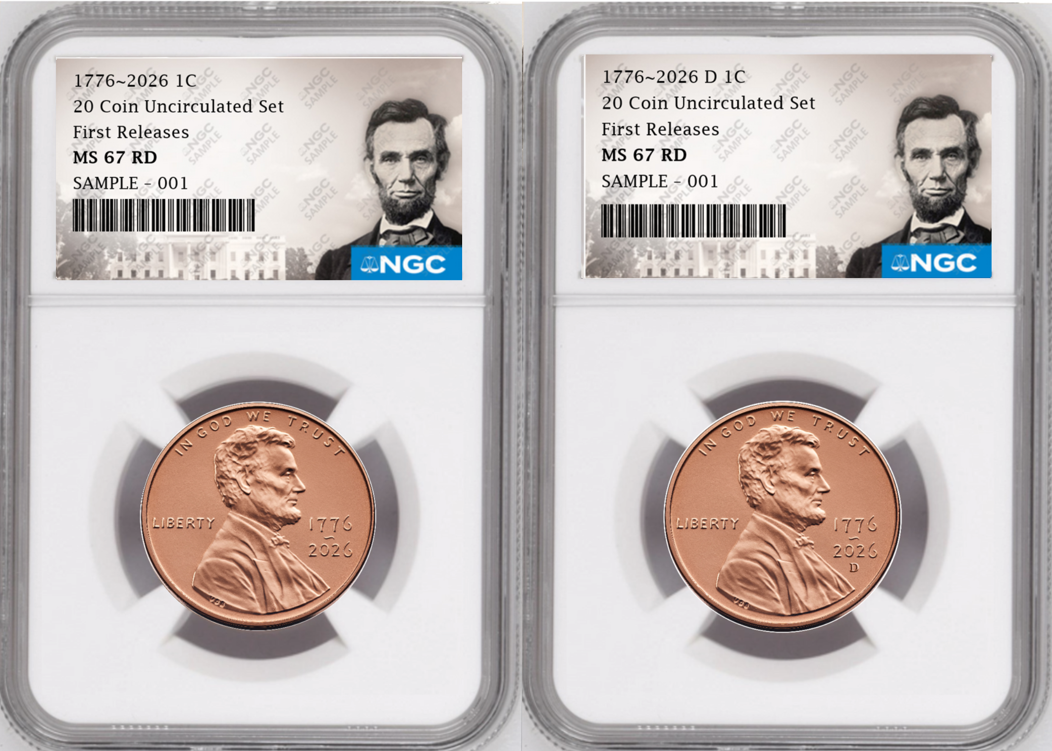 2 Coin set, 1776-2026 P & D Lincoln Cent , NGC MS 67 RD First Releases, Lincoln Label