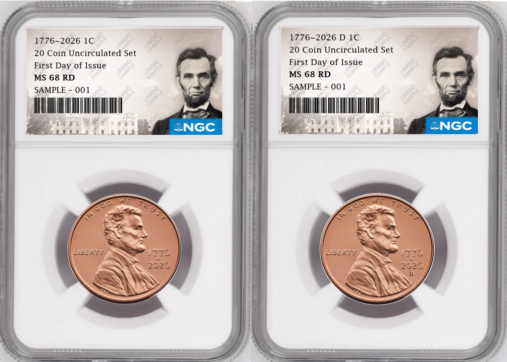2 Coin set, 1776-2026 P & D Lincoln Cent , NGC MS 68 RD First Day of Issue, Lincoln Label