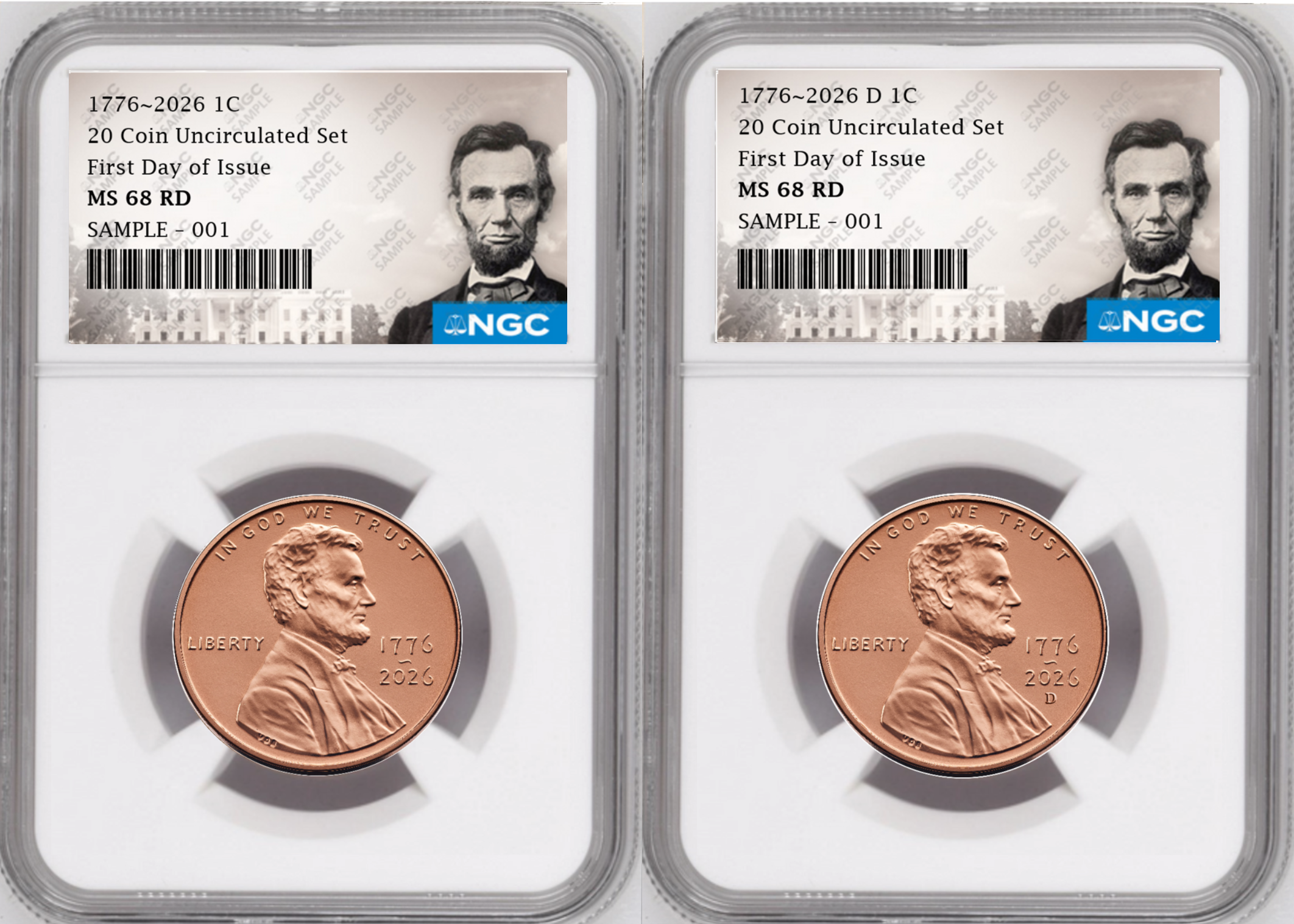 2 Coin set, 1776-2026 P & D Lincoln Cent , NGC MS 68 RD First Day of Issue, Lincoln Label
