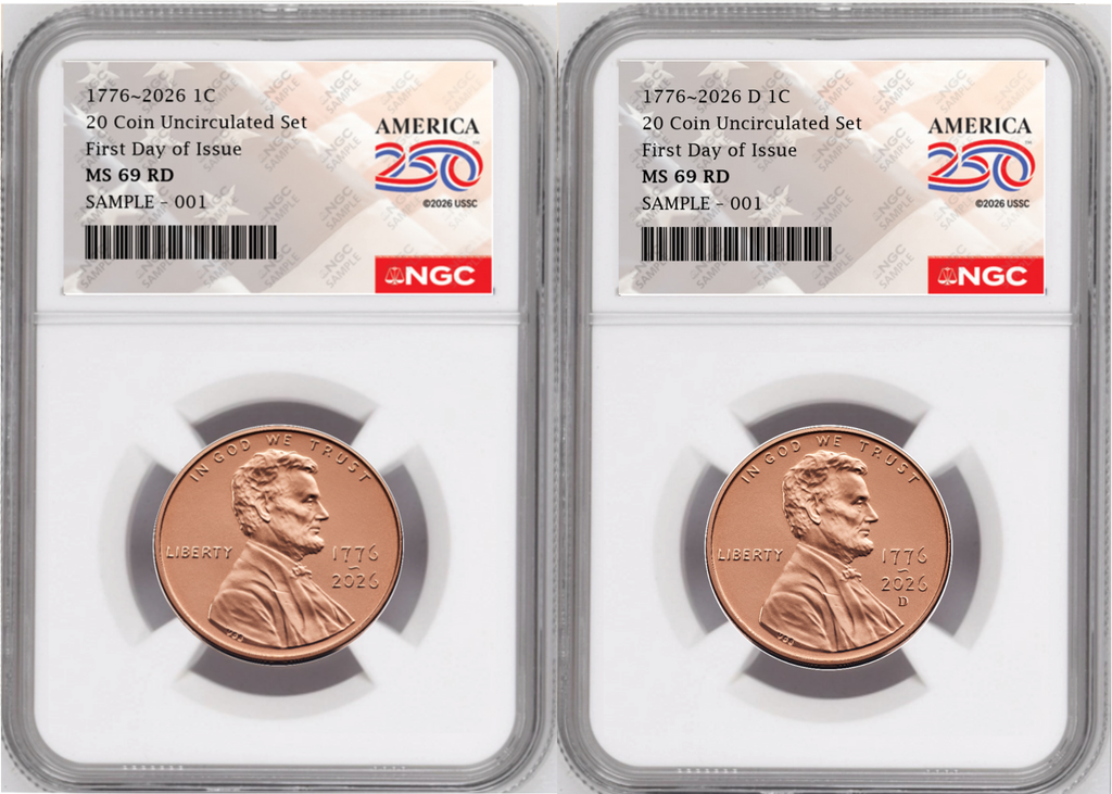 2 Coin set, 1776-2026 P & D Lincoln Cent , NGC MS 69 RD First Day of Issue, 250 Flag