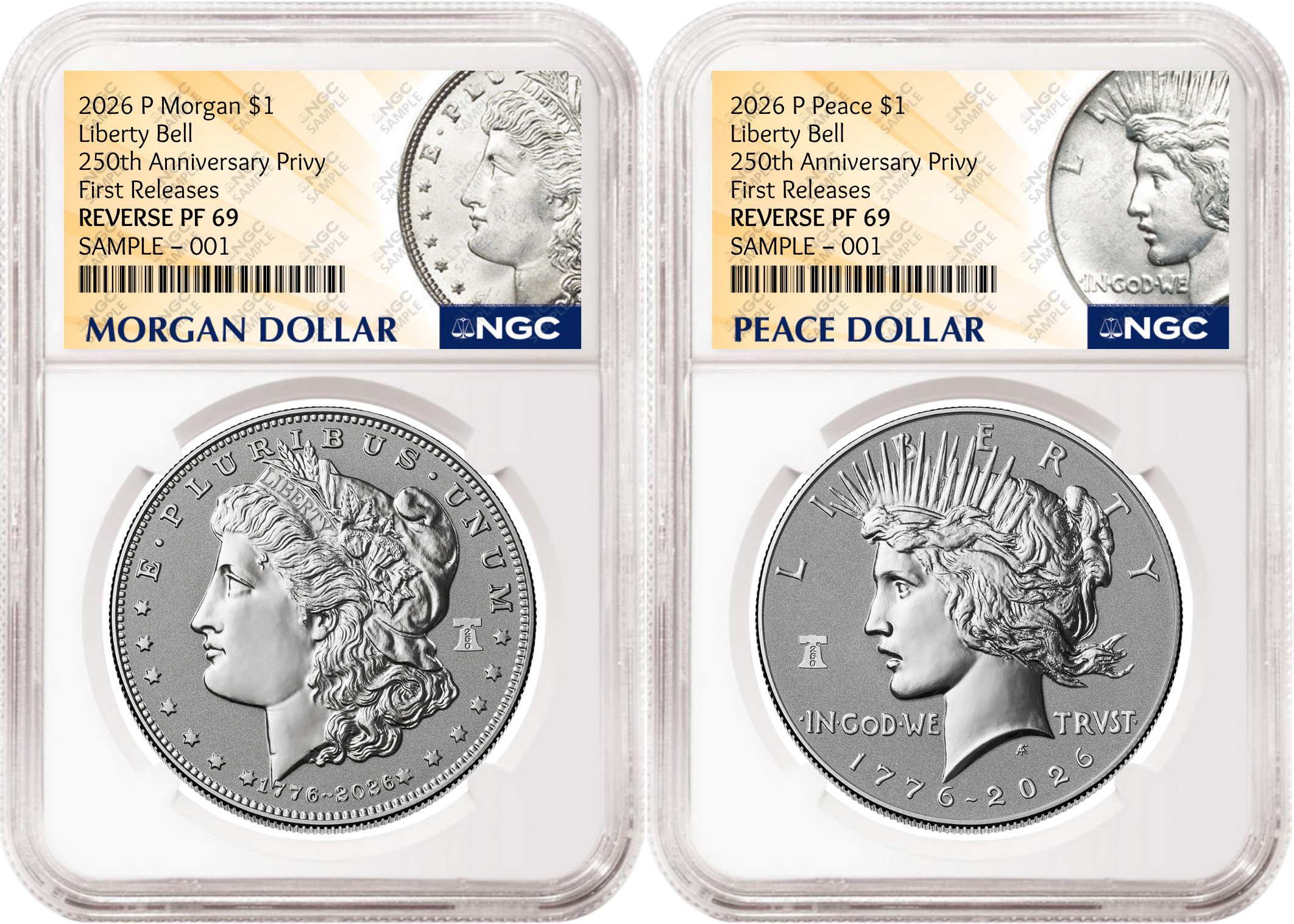 2 Coin Set 2026 Morgan and Peace Reverse Proof Liberty Bell Privy NGC RP69 First Releases MP Presale
