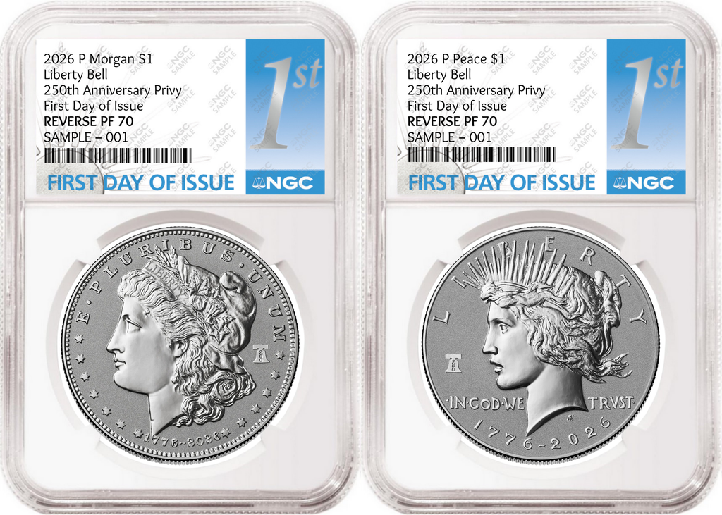 2 Coin Set 2026 Morgan and Peace Reverse Proof Liberty Bell Privy NGC RP70 First Day of Issue 1st Presale