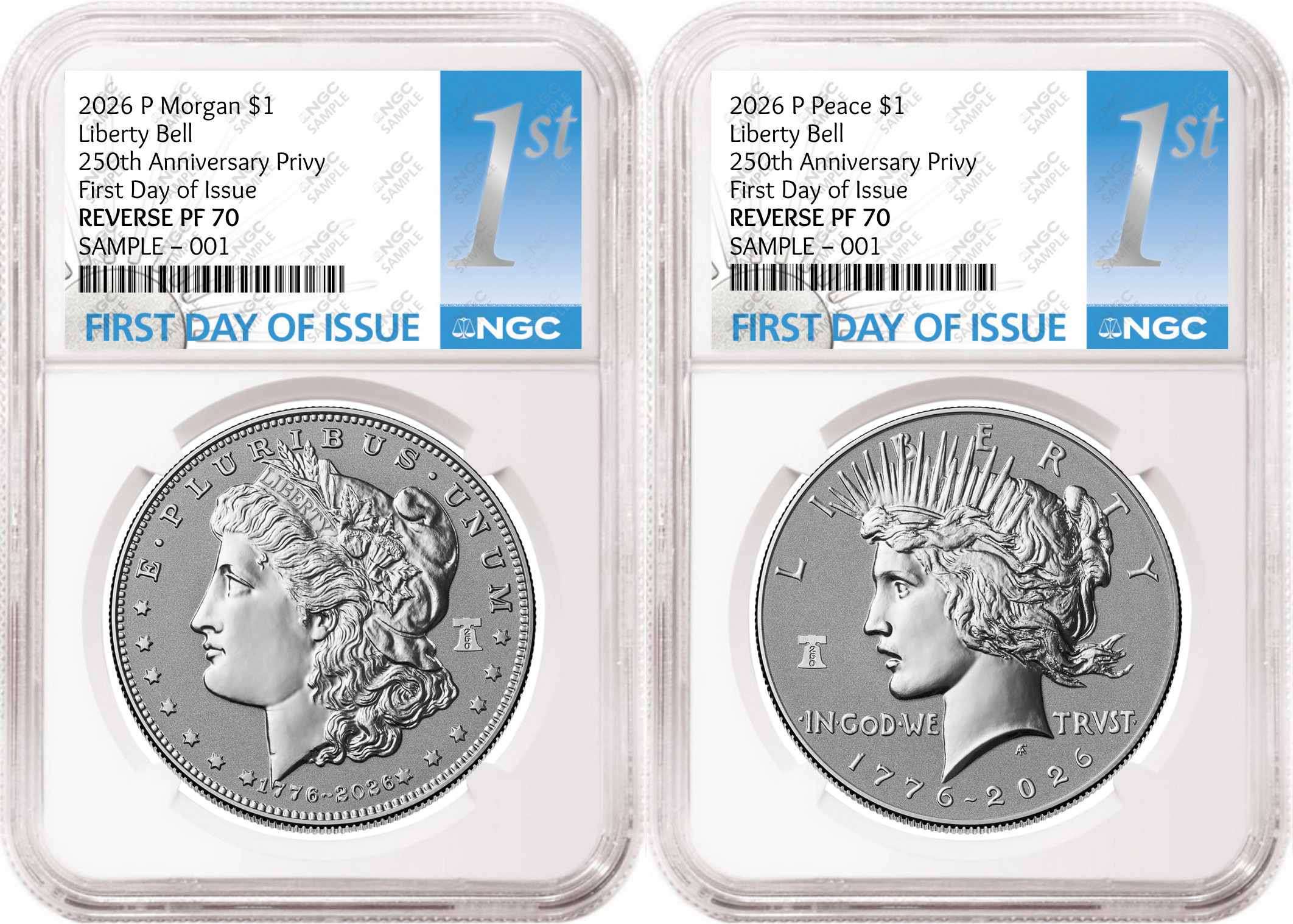 2 Coin Set 2026 Morgan and Peace Reverse Proof Liberty Bell Privy NGC RP70 First Day of Issue 1st Presale