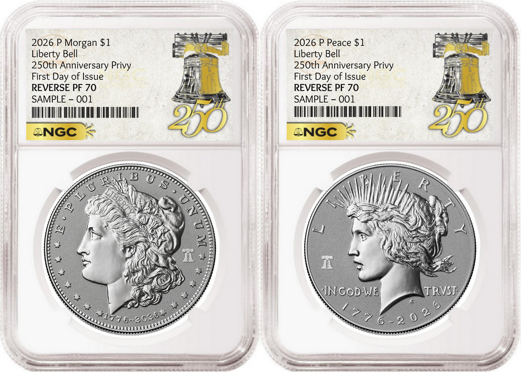 2 Coin Set 2026 Morgan and Peace Reverse Proof Liberty Bell Privy NGC RP70 First Day of Issue Bell Presale