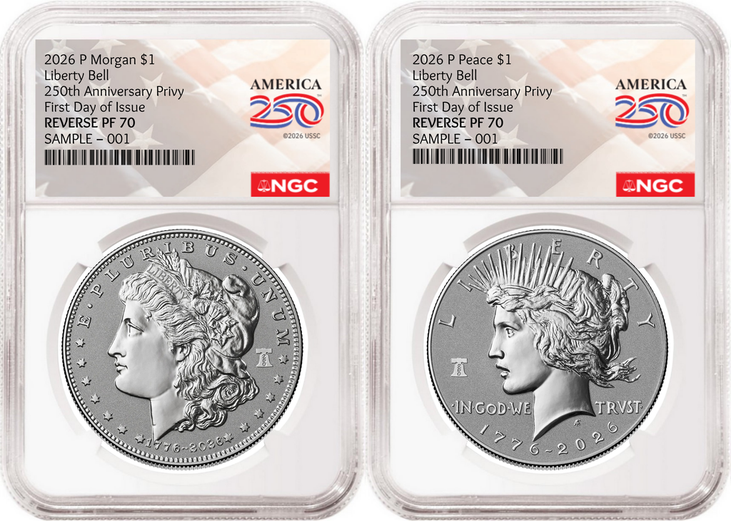 2 Coin Set 2026 Morgan and Peace Reverse Proof Liberty Bell Privy NGC RP70 First Day of Issue Flag Presale