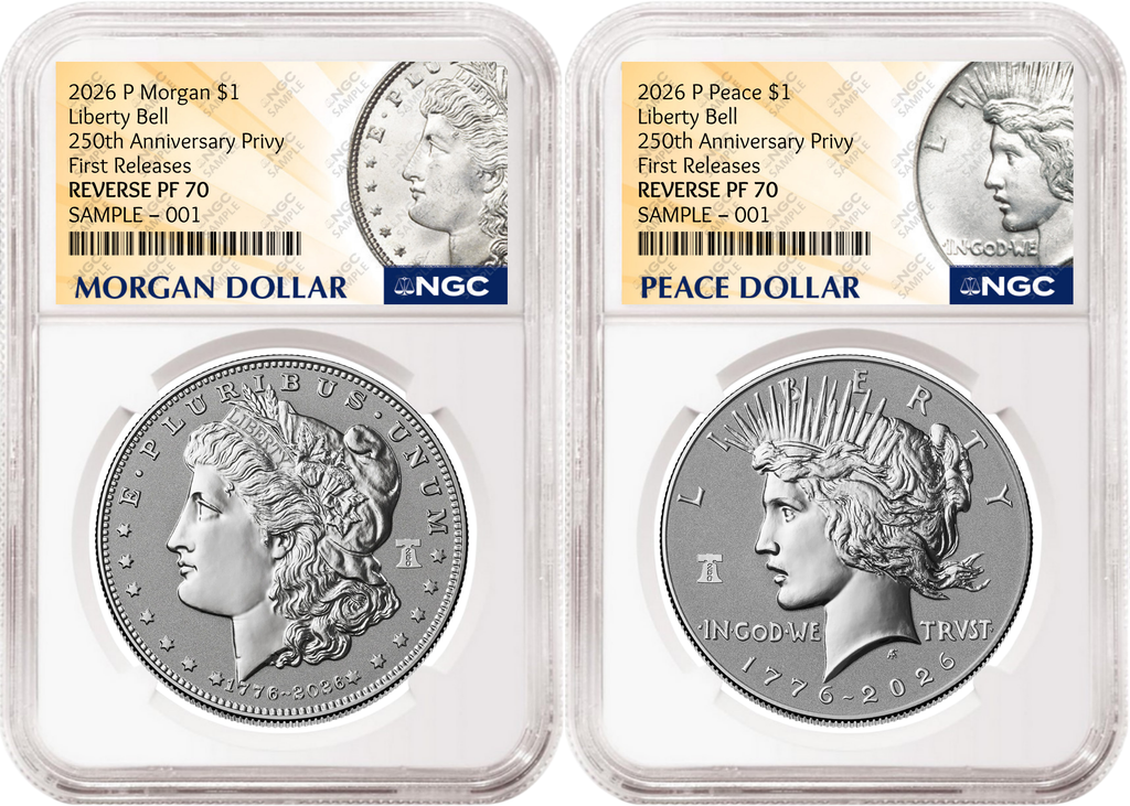 2 Coin Set 2026 Morgan and Peace Reverse Proof Liberty Bell Privy NGC RP70 First Releases MP Presale