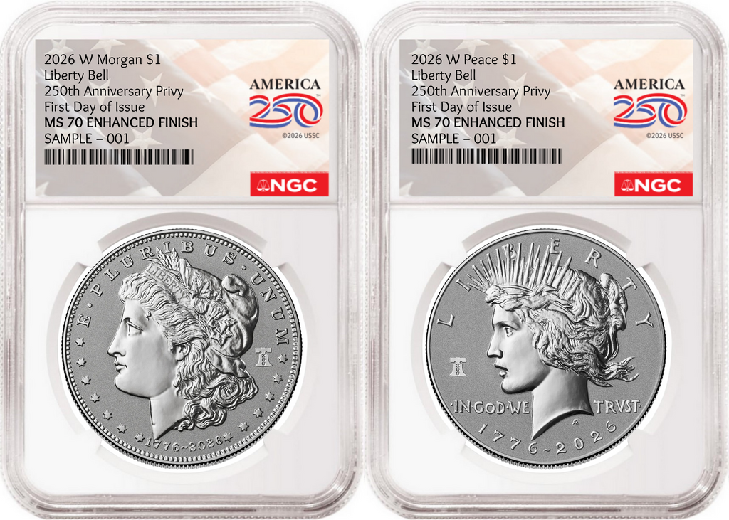 1776~2026 Morgan and Peace Enhanced Uncirculated Dollar 2 Coin Set, 250th Privy, NGC MS70 FDOI, Flag Label