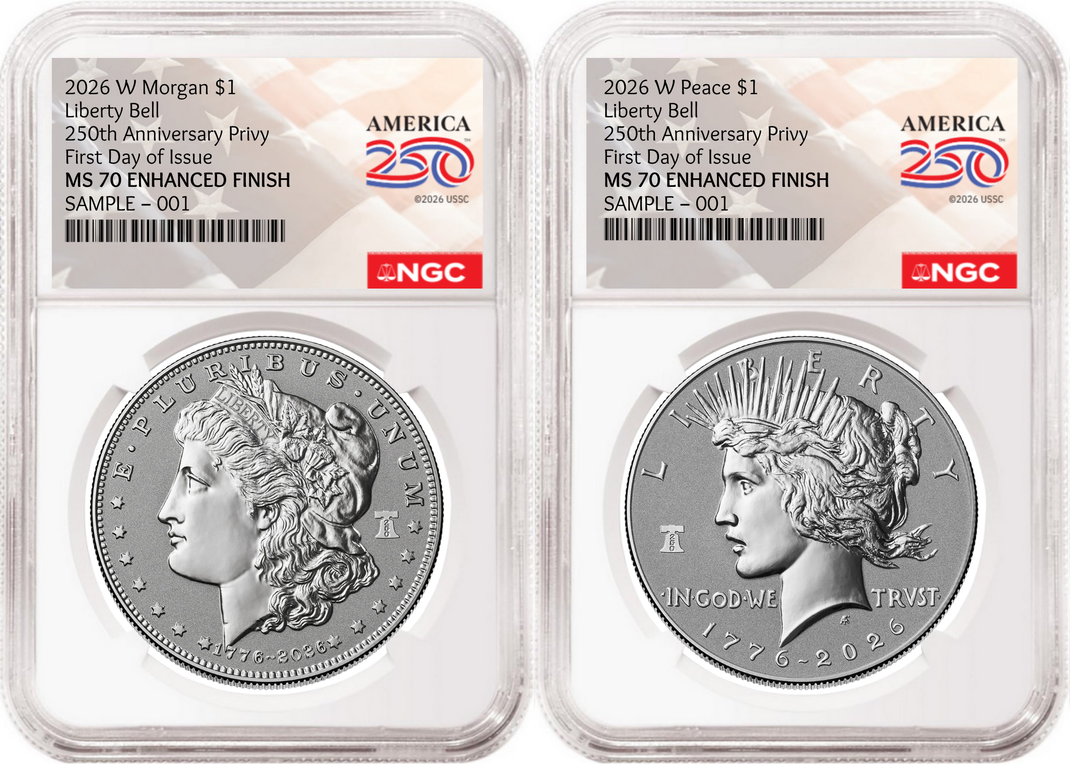 1776~2026 Morgan and Peace Enhanced Uncirculated Dollar 2 Coin Set, 250th Privy, NGC MS70 FDOI, Flag Label