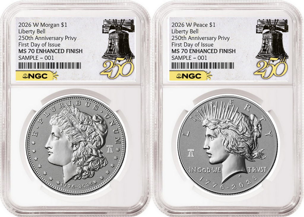 1776~2026 Morgan and Peace Enhanced Uncirculated Dollar 2 Coin Set, 250th Privy, NGC MS70 FDOI, 250 Liberty Bell Label