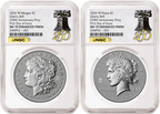 1776~2026 Morgan and Peace Enhanced Uncirculated Dollar 2 Coin Set, 250th Privy, NGC MS70 FDOI, 250 Liberty Bell Label