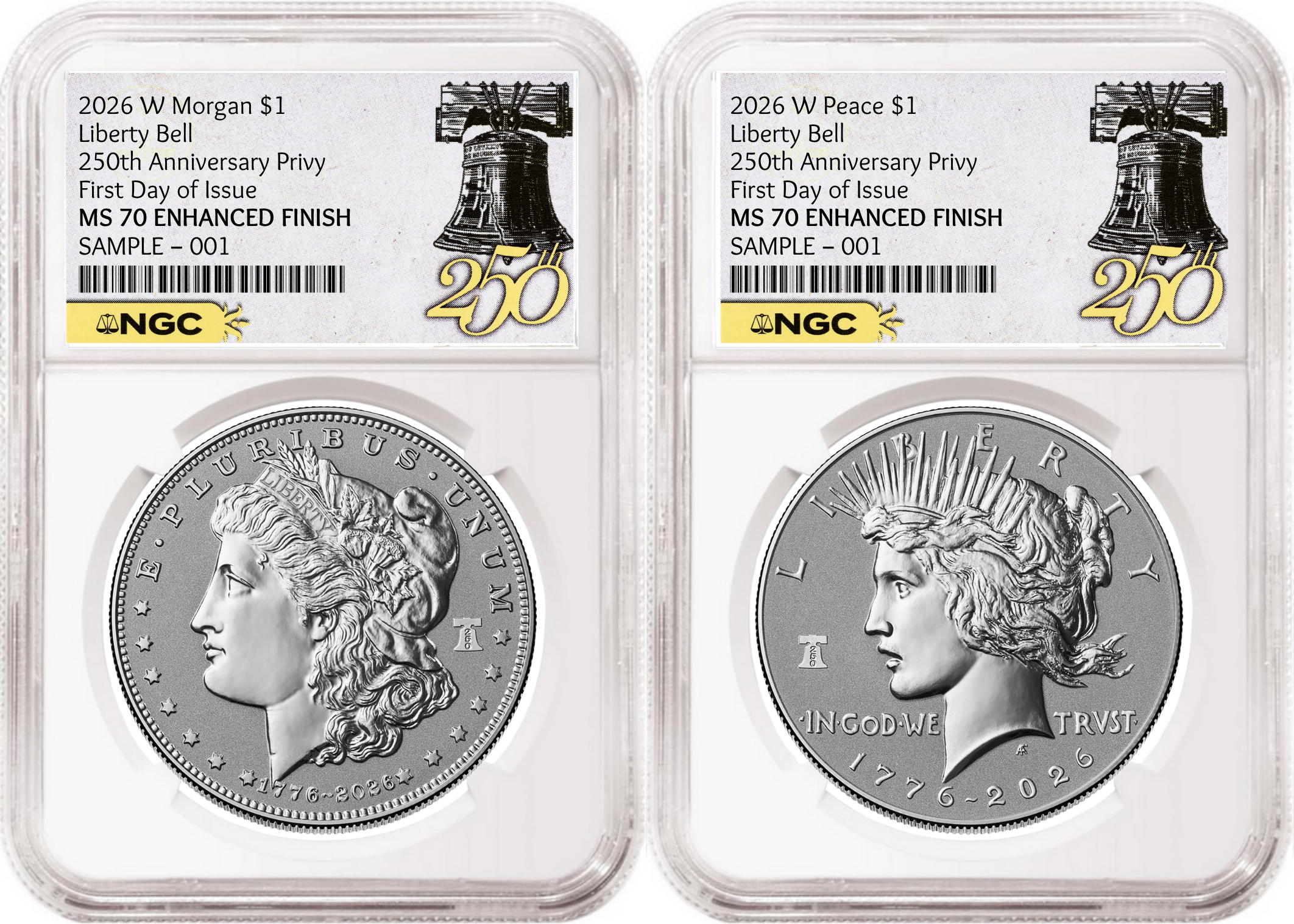 1776~2026 Morgan and Peace Enhanced Uncirculated Dollar 2 Coin Set, 250th Privy, NGC MS70 FDOI, 250 Liberty Bell Label