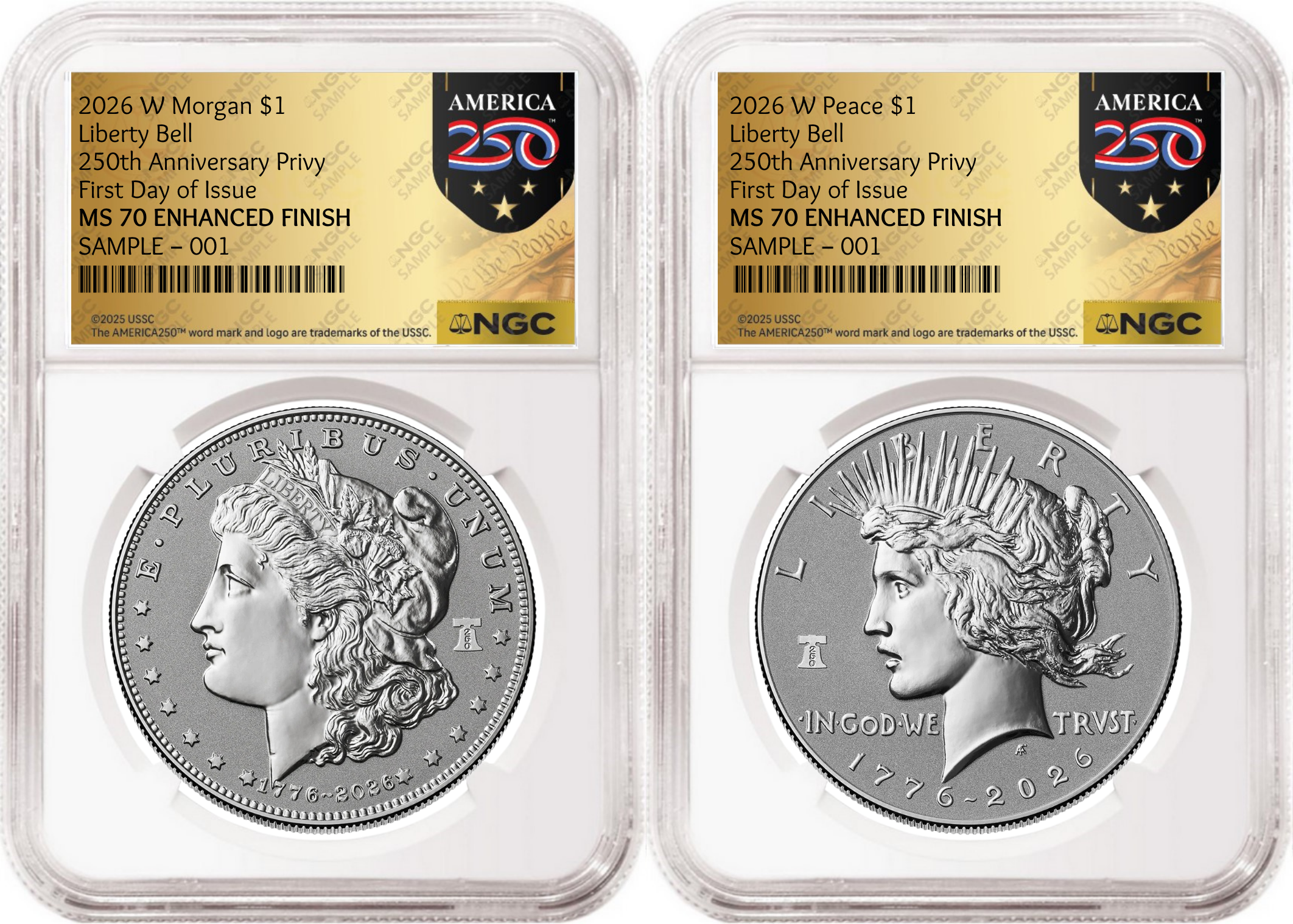 1776~2026 Morgan and Peace Enhanced Uncirculated Dollar 2 Coin Set, 250th Privy, NGC MS70 FDOI, 250th Gold Label