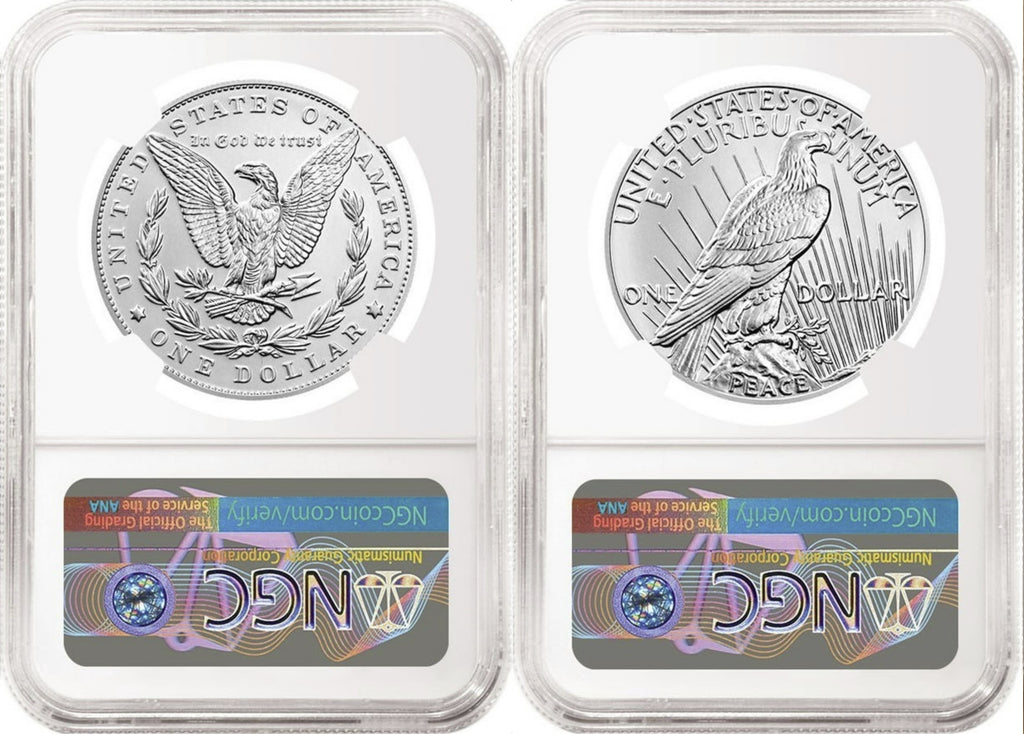 1776~2026 Morgan and Peace Enhanced Uncirculated Dollar 2 Coin Set, 250th Privy, NGC MS70 FDOI, Flag Label