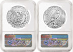 1776~2026 Morgan and Peace Enhanced Uncirculated Dollar 2 Coin Set, 250th Privy, NGC MS70 FDOI, Flag Label