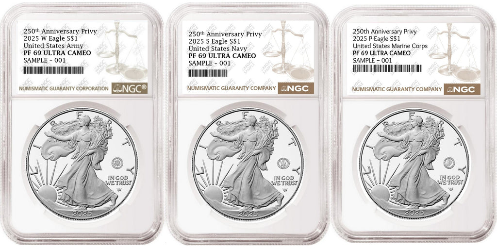 3 Coin Set 2025 Silver Eagles 250th Anniversary Privy NGC PF 69 Brown
