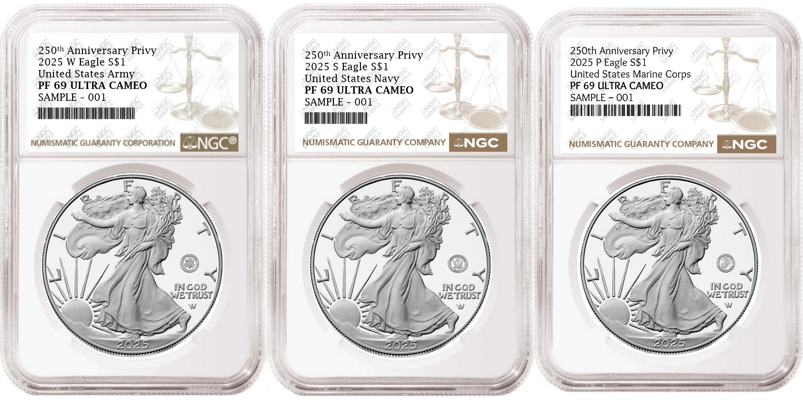 3 Coin Set 2025 Silver Eagles 250th Anniversary Privy NGC PF 69 Brown