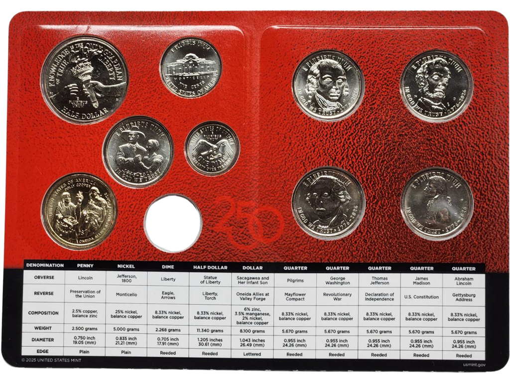 1776-2026 P & D US Mint Uncirculated 18 Coin Set - No Pennies