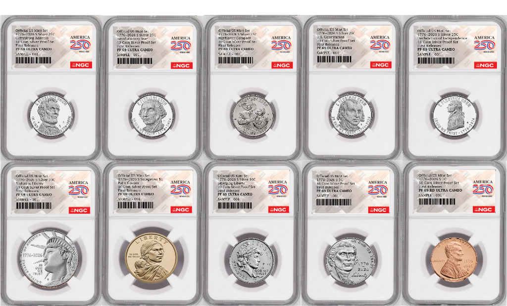 1776-2026 US Mint Complete 10 Coin Silver Proof Set, NGC PF69 First Releases, Flag
