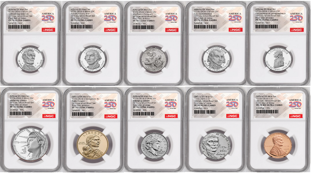 1776-2026 US Mint Complete 10 Coin Silver Proof Set, NGC PF70 FDOI, Flag