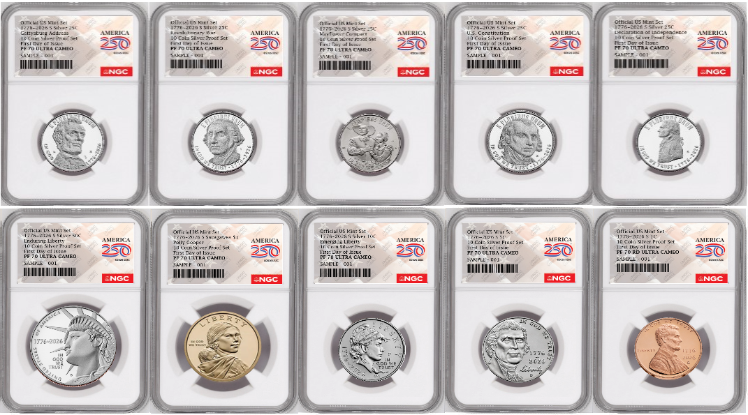1776-2026 US Mint Complete 10 Coin Silver Proof Set, NGC PF70 FDOI, Flag