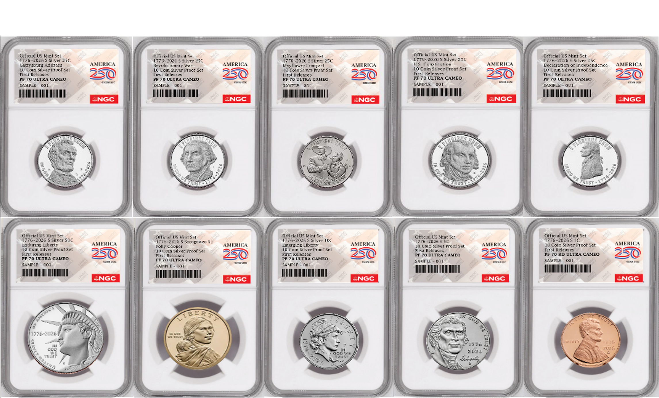 1776-2026 US Mint Complete 10 Coin Silver Proof Set, NGC PF70 First Releases, Flag