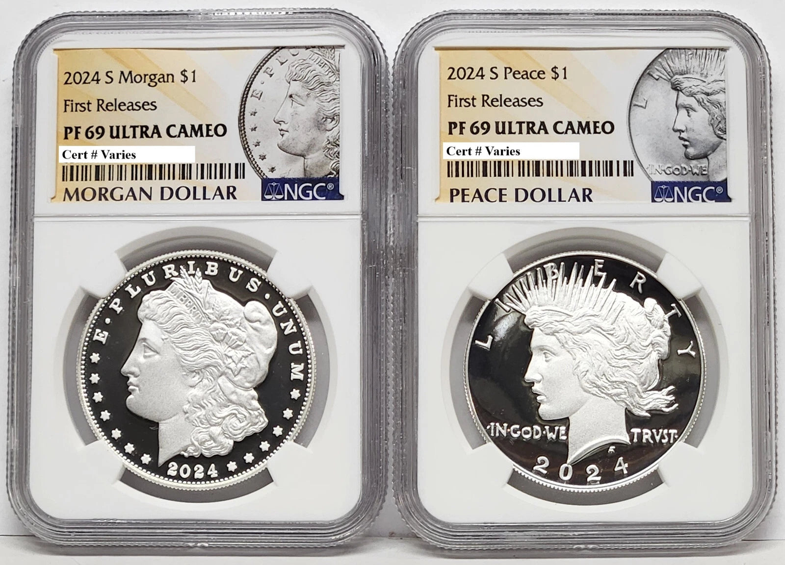 Obverse side of 2024 S Proof Morgan and Peace silver dollars in NGC slabs with Morgan and Peace labels