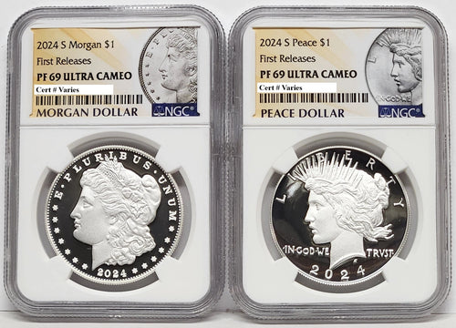 Obverse side of 2024 S Proof Morgan and Peace silver dollars in NGC slabs with Morgan and Peace labels