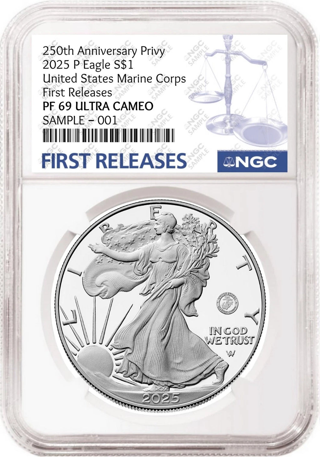 Obverse side of 2025 P proof silver eagle with US Marine Corps 250th anniversary privy in NGC slab with the blue first releases label