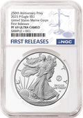 Obverse side of 2025 P proof silver eagle with US Marine Corps 250th anniversary privy in NGC slab with the blue first releases label