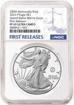 Obverse side of 2025 P proof silver eagle with US Marine Corps 250th anniversary privy in NGC slab with the blue first releases label