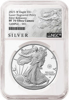2025 W proof American Eagle Silver Dollar with laser engraved privy graded by NGC with the silver American liberty series label.