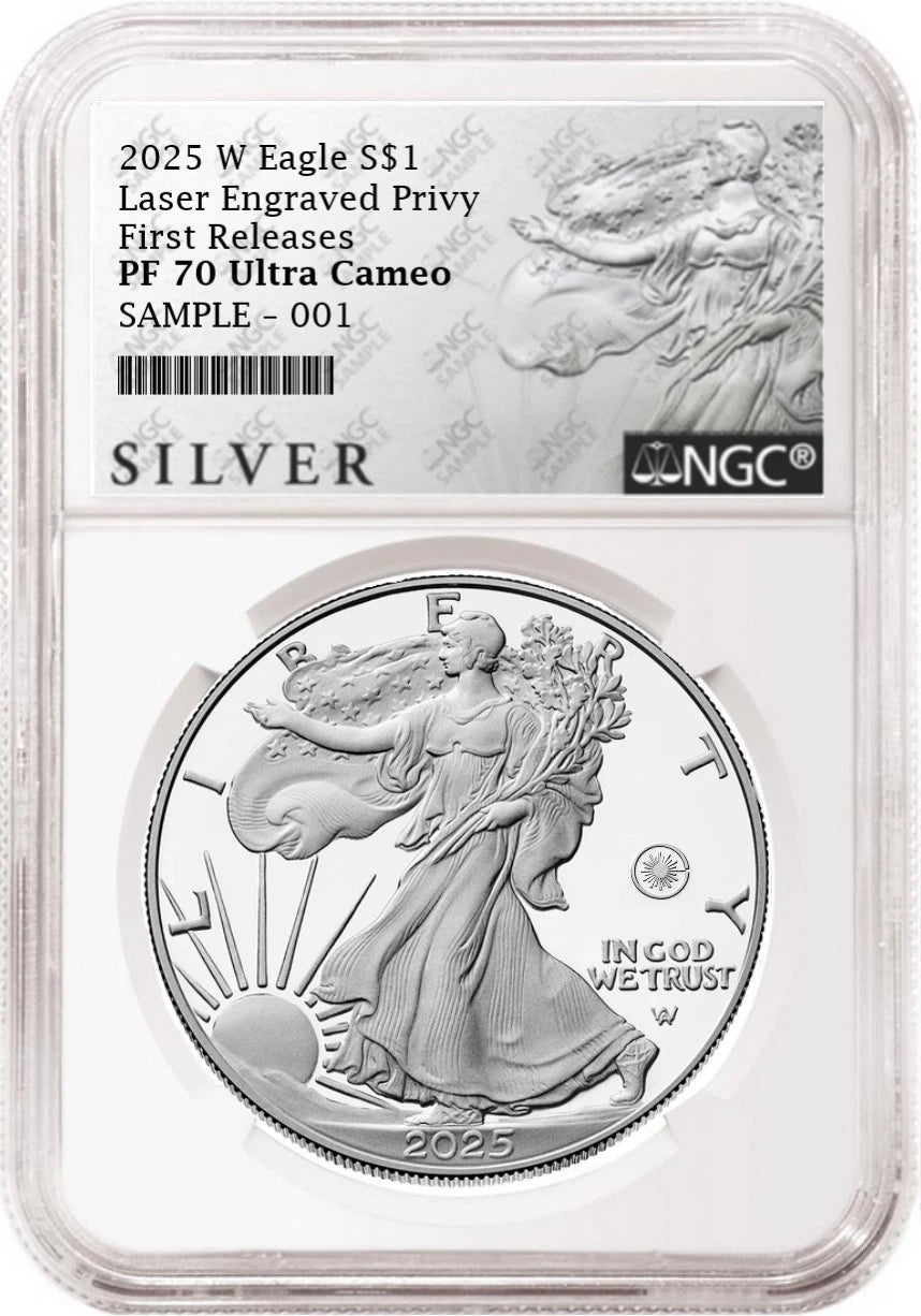 2025 W proof American Eagle Silver Dollar with laser engraved privy graded by NGC with the silver American liberty series label.